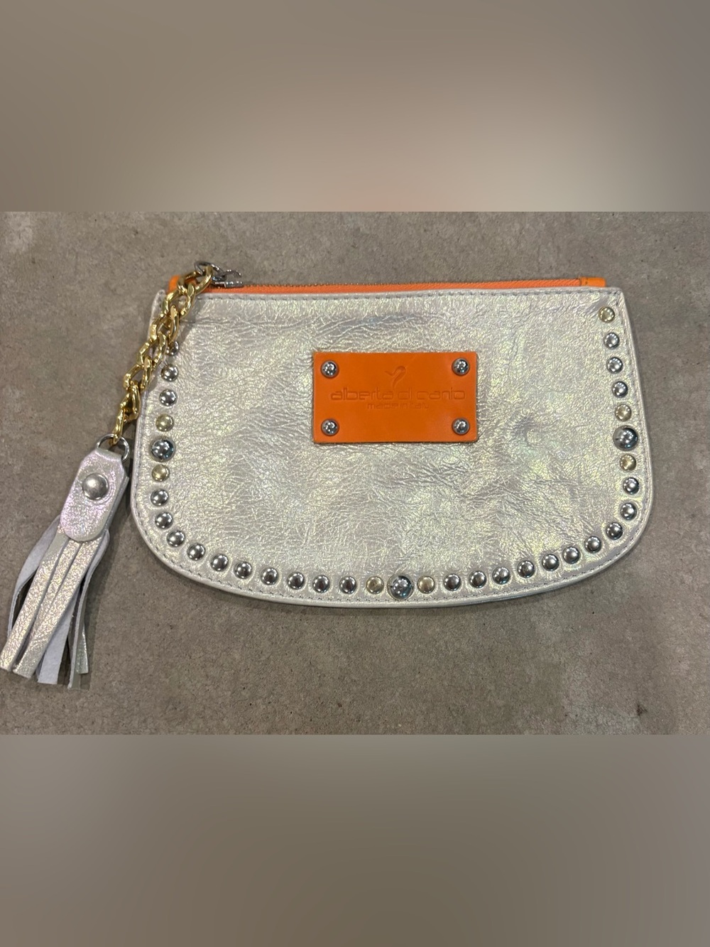 Alberta Di Canio Iridescent Pearl Clutch with Orange Accent